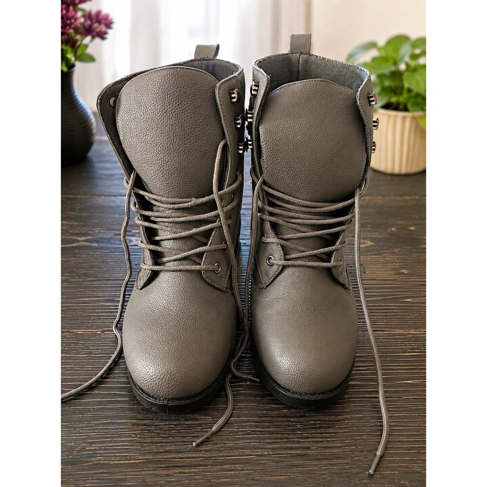 Olivia & Kate LEANNA-13L Women's Gray Leather Ankle Combat Boots Lace Up 10